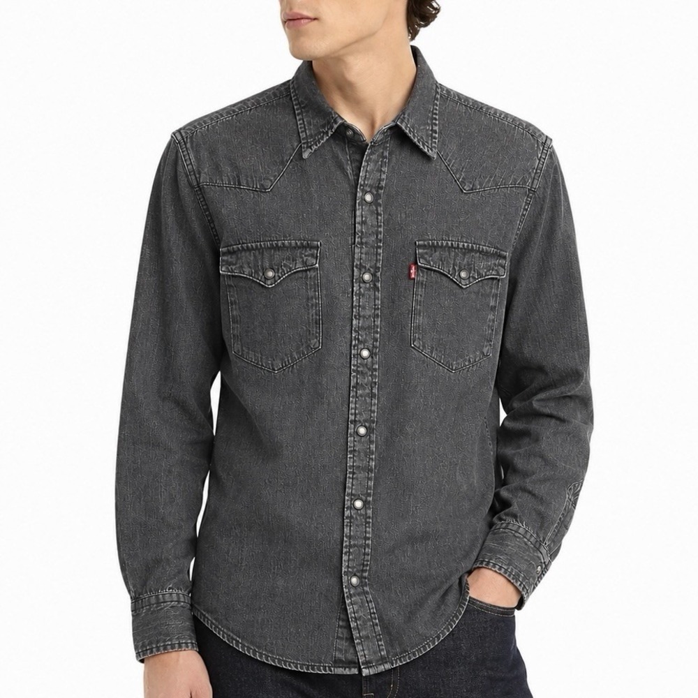 Levi's Mens Small Western Snap Shirt Gray Denim Long Sleeve Standard Fit Red Tab